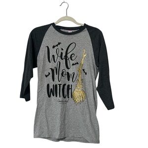 Gray and Black Graphic Mom Wife Witch 3/4 Sleeve Tee